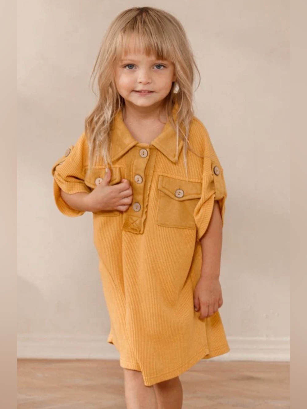 NWT [Oddy] Waffle Button Front Pockets Shirt Dress Gold Girls Multiple Sizes - Picture 2 of 10
